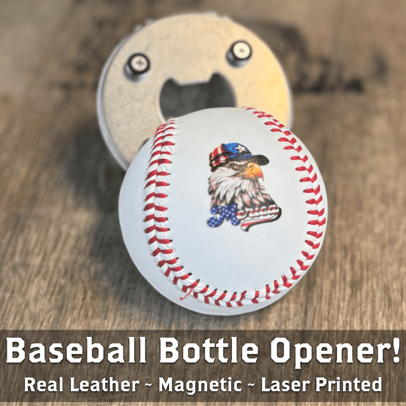 Half baseball bottle opener with eagle flag