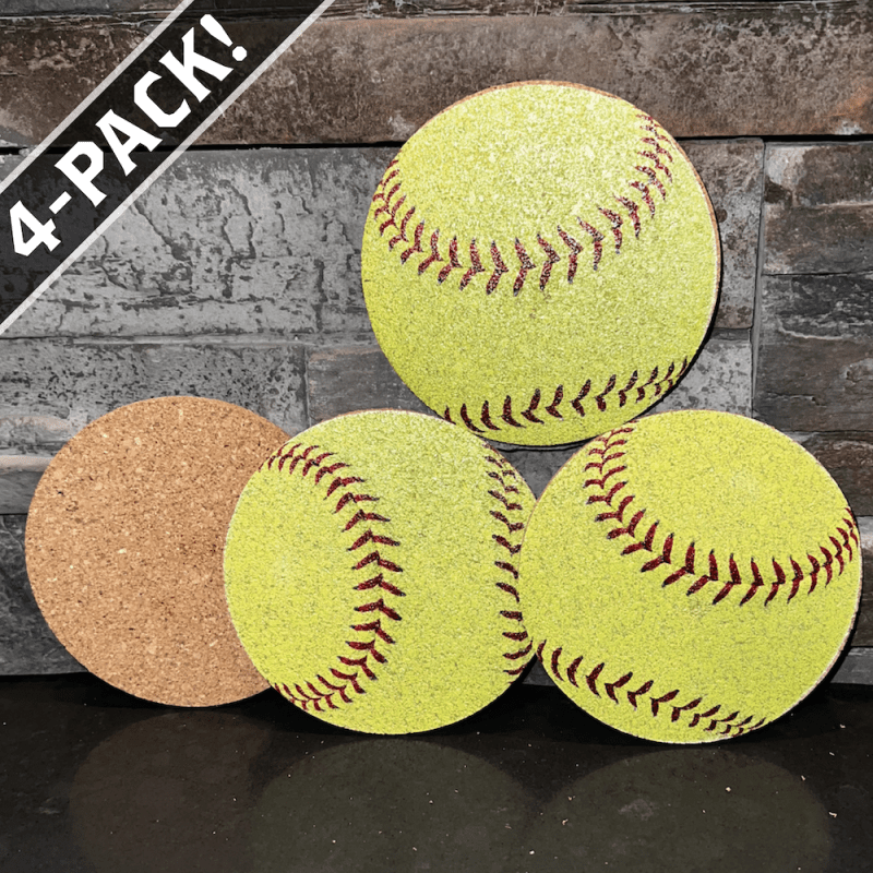 Yellow cork softball coasters with banner